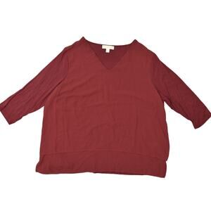 Michael Kors Womens's Red Polyester Blouse 3X Plus V Neck Solid 3/4 Sleeve